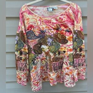 VTG Take Two 3X graphic beaded print stretch top city scape Parisian